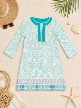 Cabana Life Aqua Print Tunic Dress Cover Up UPF 50 Size L
